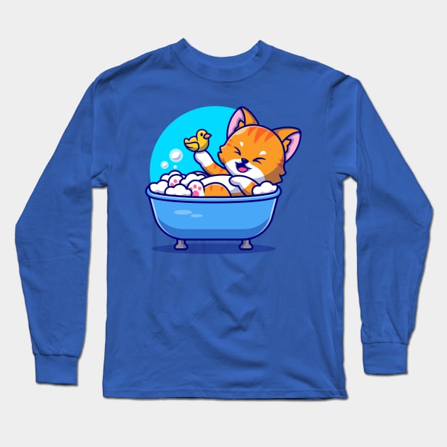 Cute Cat Bath In The Bath Tub With Duck Toys Cartoon Long Sleeve T-Shirt by Catalyst Labs